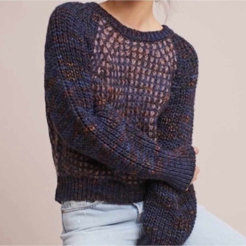 Moth Anthropologie Cropped Waffle Knit Sweater Wool Mohair Mauve Navy XXS - Picture 16 of 16